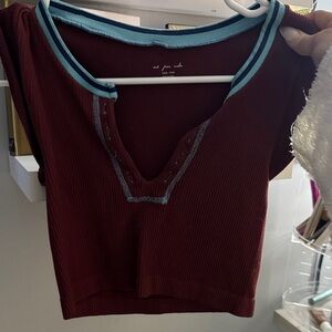 Urban Outfitters Women's Burgundy Ribbed Top with Blue Trim